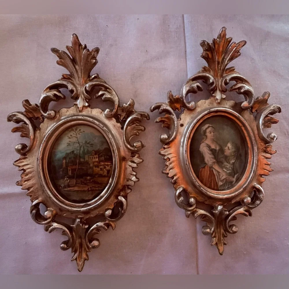 vintage Italian-style gilt gold framed silk prints